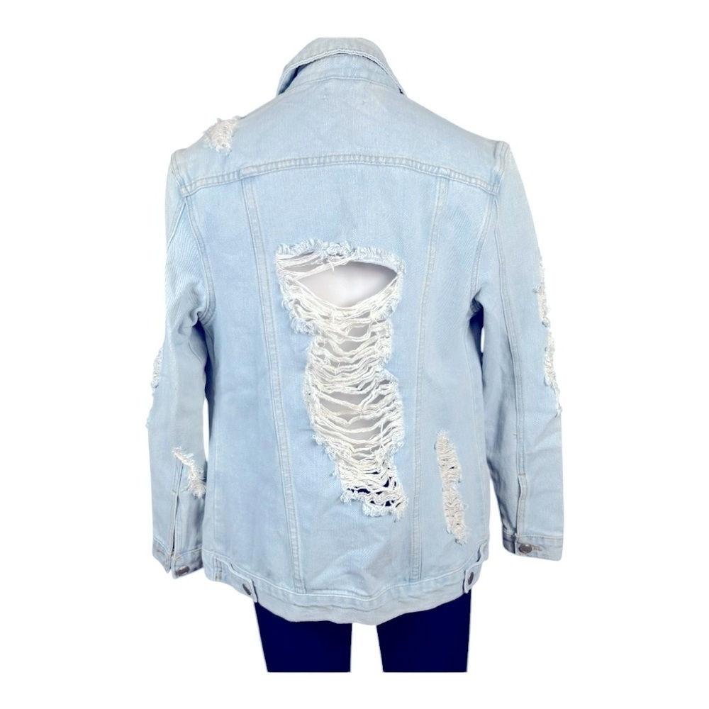 FASHION NOVA Distressed Light Blue Denim Jacket size XS oversized pre-loved - Picture 9 of 14